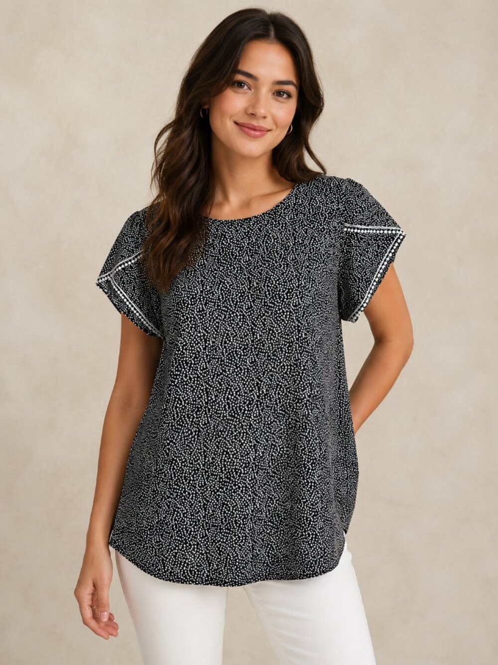 Angashion Abstract Print Short Sleeve Blouse Black White Size S